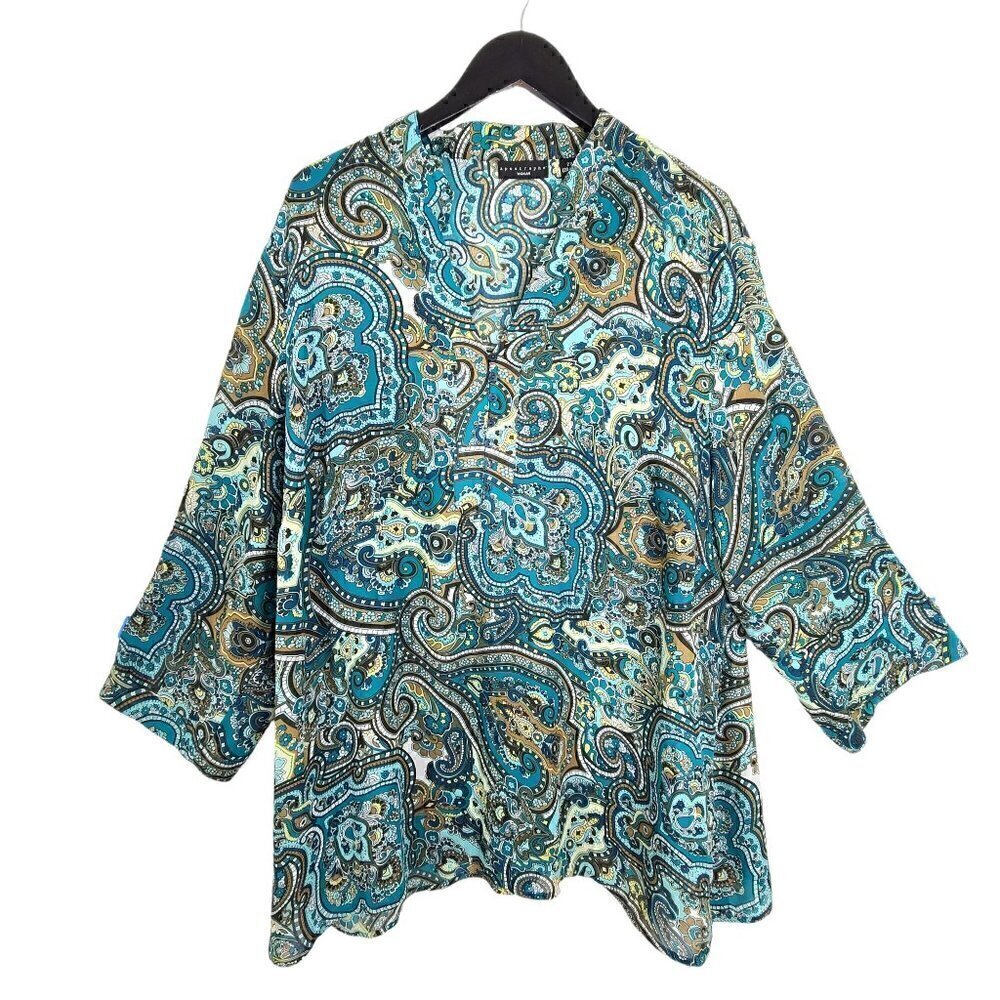 Apostrophe Green Paisley V Neck Art To Wear Relaxed Fit Top Plus Size